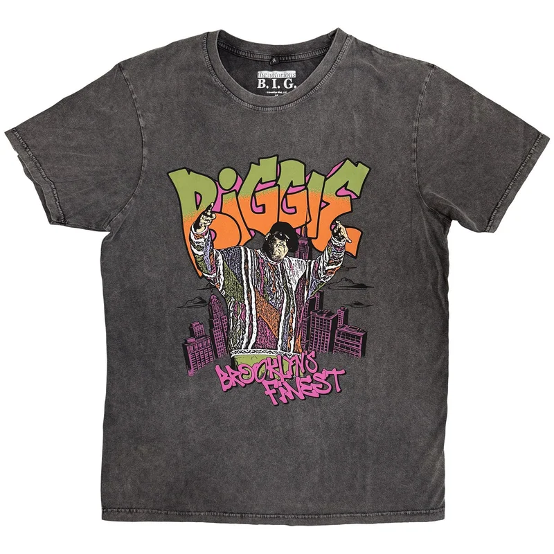 Biggie Smalls Unisex Stone Wash T-Shirt: Cartoon Graffiti Charcoal Grey