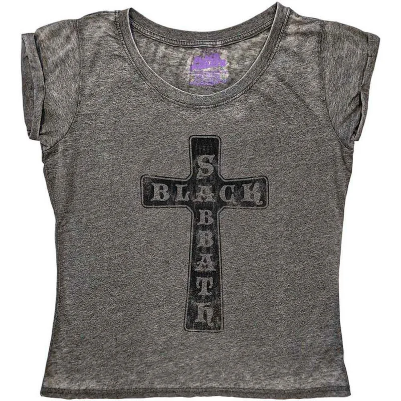 Black Sabbath Ladies Burnout T-Shirt: Vintage Cross Charcoal Grey