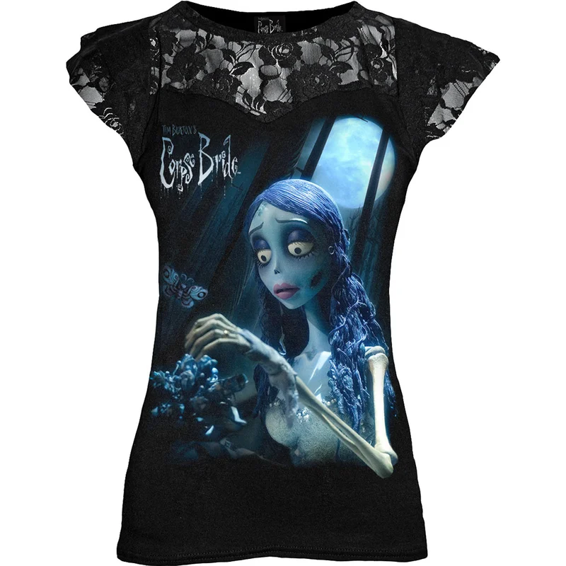 Corpse Bride Ladies Lace Layered Cap Sleeve Top: Glow In The Dark Black