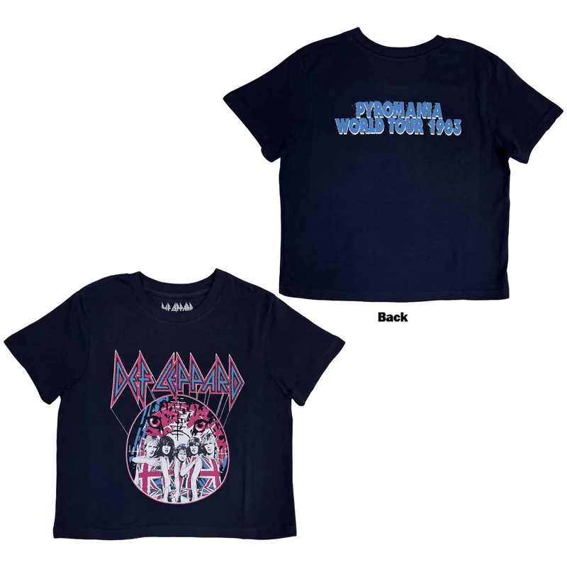 Def Leppard Ladies Crop Top: Pyro Tour Navy Blue
