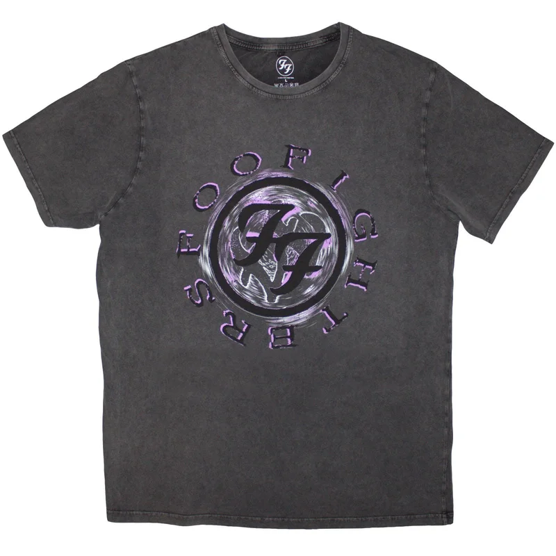 Foo Fighters Unisex Stone Wash T-Shirt: Wheel Logo Shadow Charcoal Grey