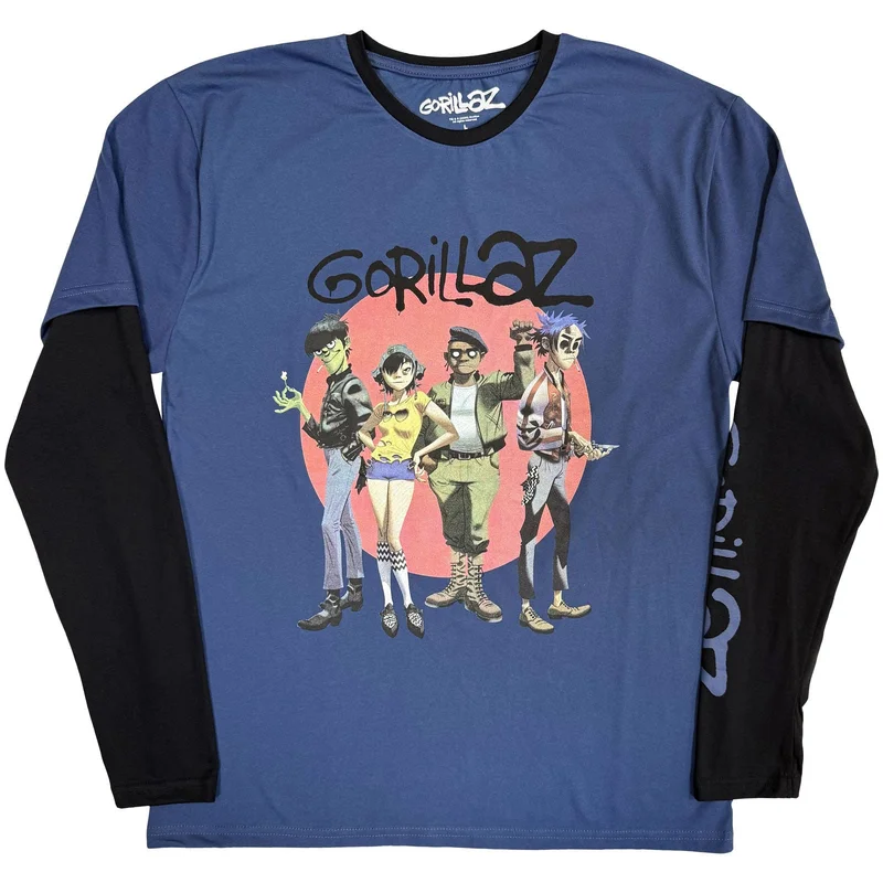 Gorillaz Unisex Layered Long Sleeve T-Shirt: Group Circle Rise Denim Blue & Black