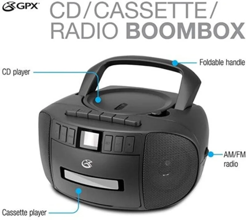 GPX BCA209B Stereo Boombox With CD Player, Cassette Recorder, AM/FM Radio (Black)