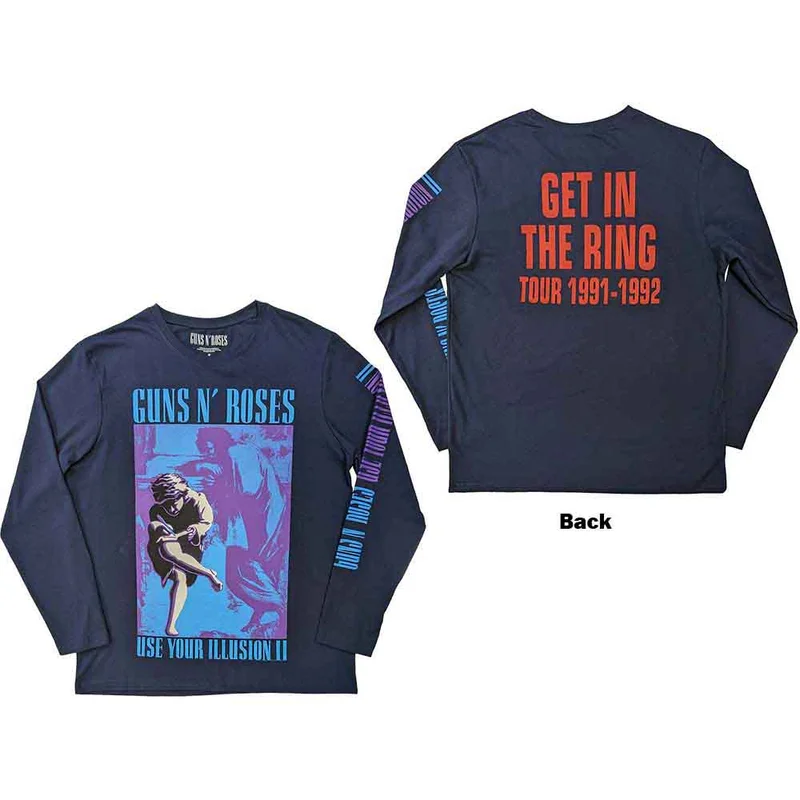 Guns N' Roses Unisex Long Sleeve T-Shirt: Get In The Ring Tour '91-'92 Navy Blue