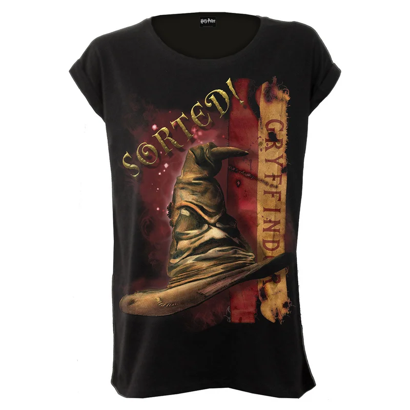 Harry Potter Ladies Boatneck Cap Sleeve T-Shirt: Gryffindor Hat Black