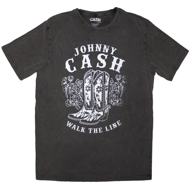 Johnny Cash Unisex Stone Wash T-Shirt: Walk The Line Boots Charcoal Grey