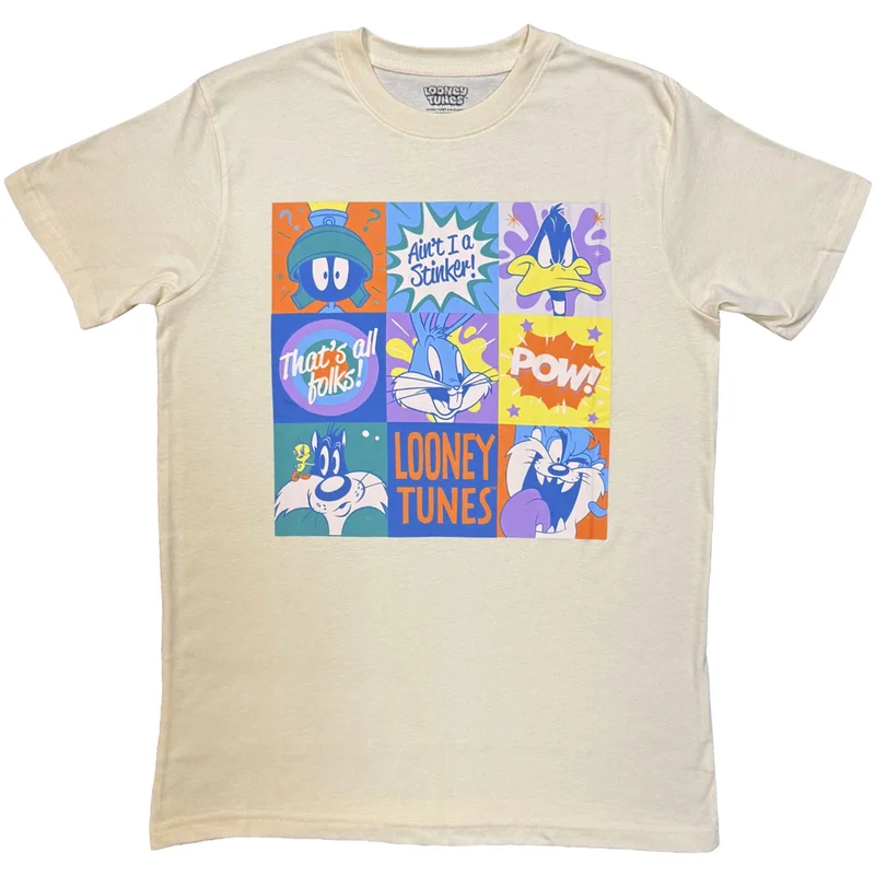 Looney Tunes Unisex T-Shirt: That's All Folks! Grid Pastel Natural