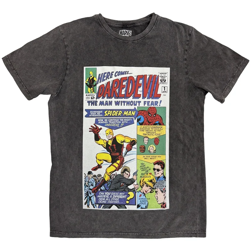 Marvel Comics Unisex Stone Wash T-Shirt: Here Comes Daredevil Comic Charcoal Grey