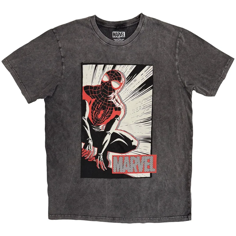 Marvel Comics Unisex Stone Wash T-Shirt: Spider-Man Crouch Cartoon Charcoal Grey
