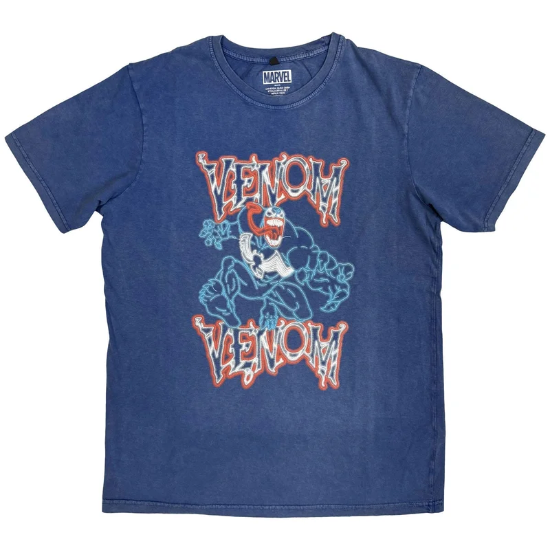 Marvel Comics Unisex Stone Wash T-Shirt: Venom Neon Light Outline Denim Blue