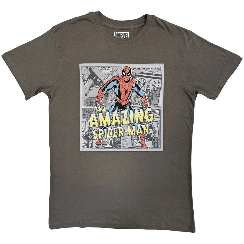 Marvel Comics Unisex T-Shirt: Amazing Spider-Man Comic Background Charcoal Grey