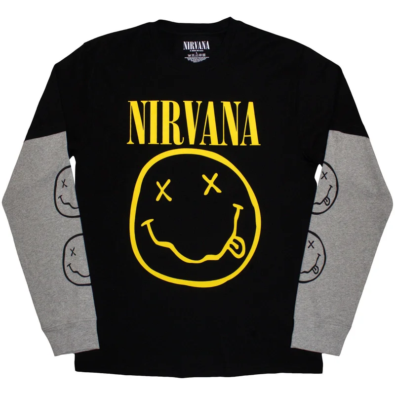 Nirvana Unisex Layered Long Sleeve T-Shirt: Yellow Happy Face Black & Grey