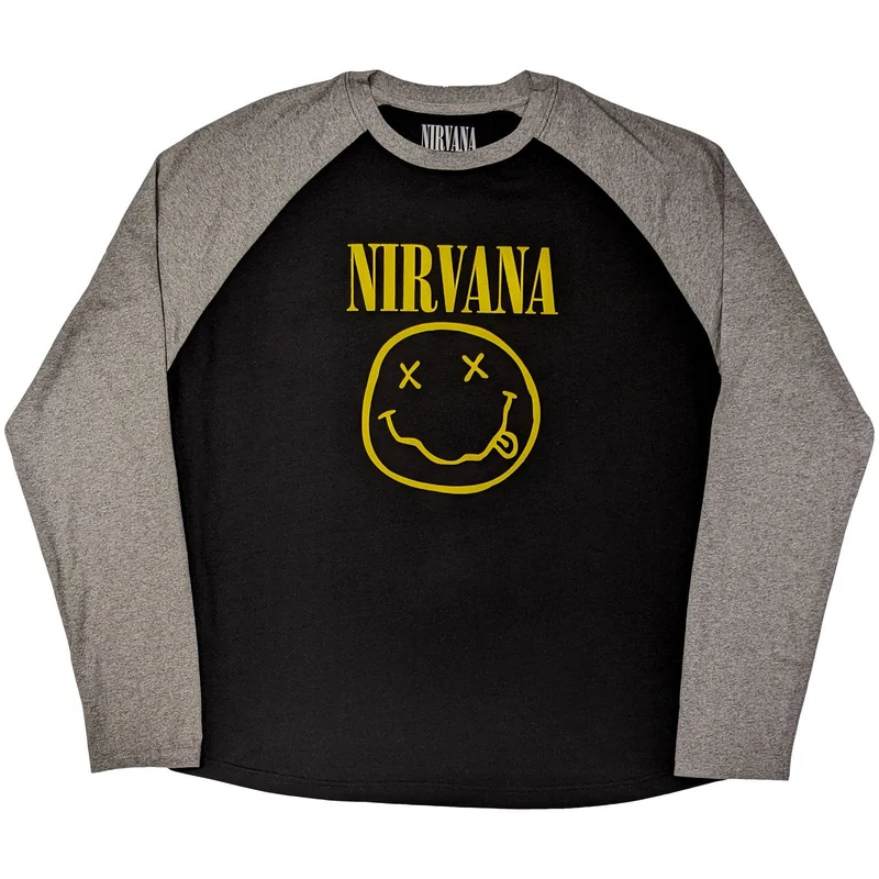 Nirvana Unisex Raglan T-Shirt: Yellow Happy Face Black & Grey