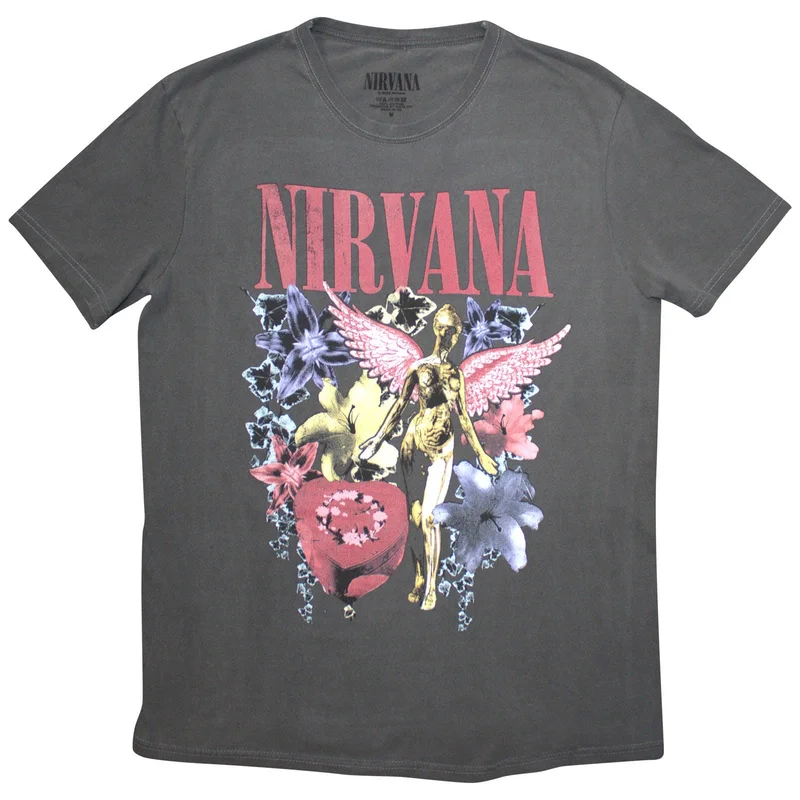 Nirvana Unisex Stone Wash T-Shirt: In Utero Vintage Collage Charcoal Grey
