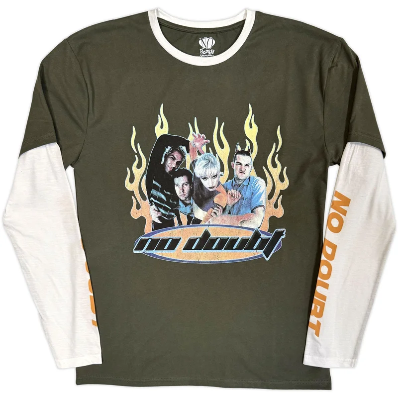 No Doubt Unisex Layered Long Sleeve T-Shirt: Flames Green & White