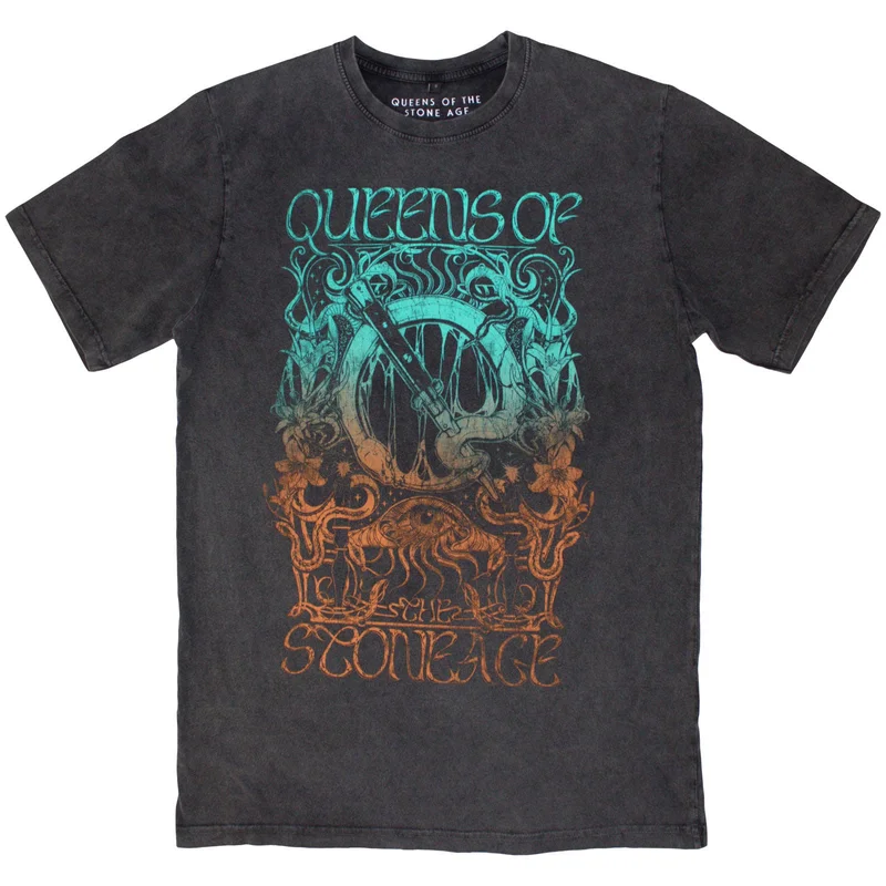 Queens Of The Stone Age Unisex Stone Wash T-Shirt: Montage Charcoal Grey