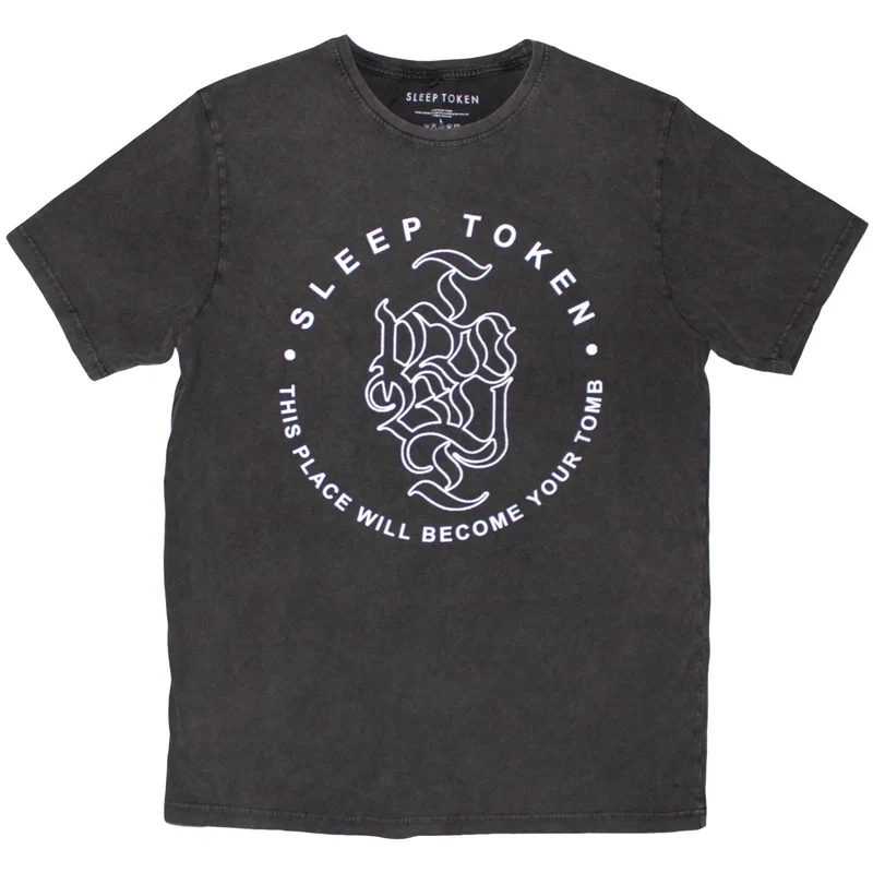 Sleep Token Unisex Stone Wash T-Shirt: Tomb Text Ring Charcoal Grey