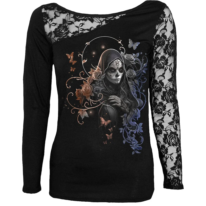 Spiral Ladies Lace One Shoulder Top: Gothic Grace Black
