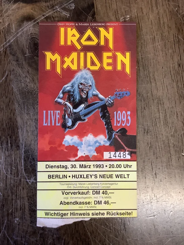 Vintage Iron Maiden Concert Ticket - Huxley's Neue Welt Berlin 3/30/1993