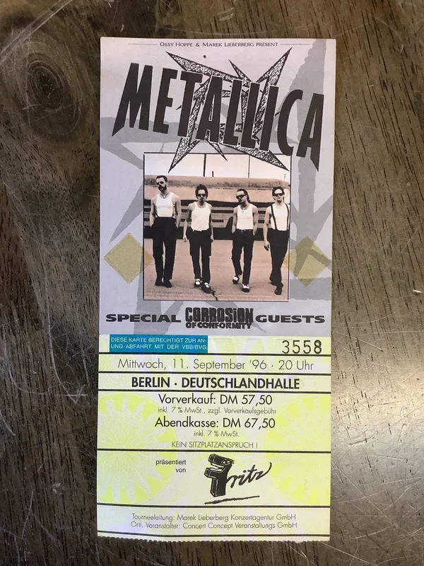 Vintage Metallica Concert Ticket - Deutschlandhalle Berlin 9/11/1996