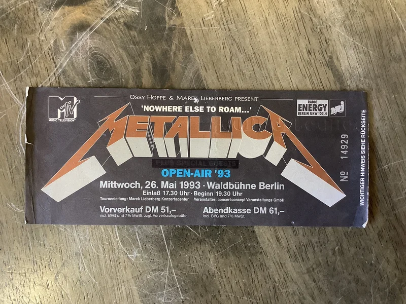 Vintage Metallica Concert Ticket - Waldbhne Berlin 5/26/1993