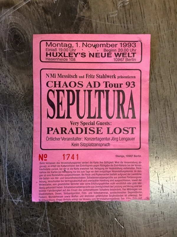 Vintage Sepultura w/ Paradise Lost Concert Ticket - Huxley's Neue Welt Berlin (11/1/1993)